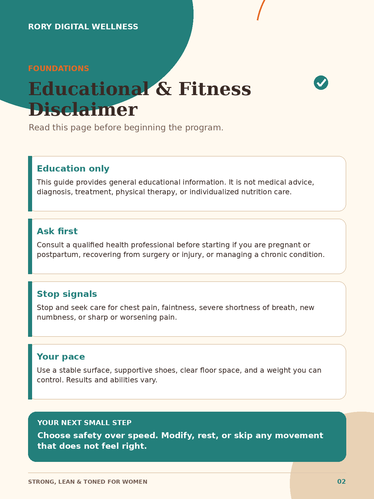 Educational fitness disclaimer for Strong, Lean & Toned for Women