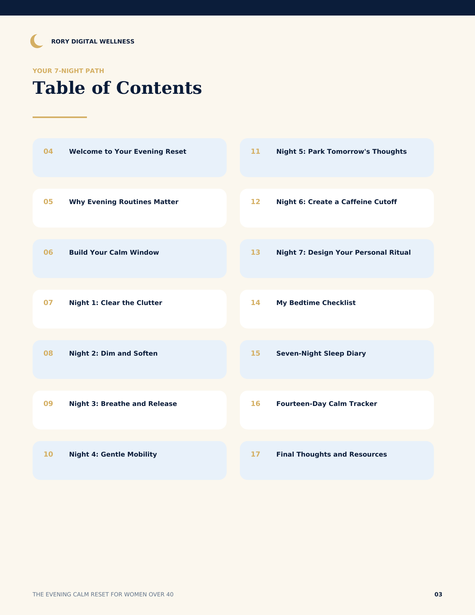 Table of contents page showing the complete seven-night structure of the Evening Calm Reset