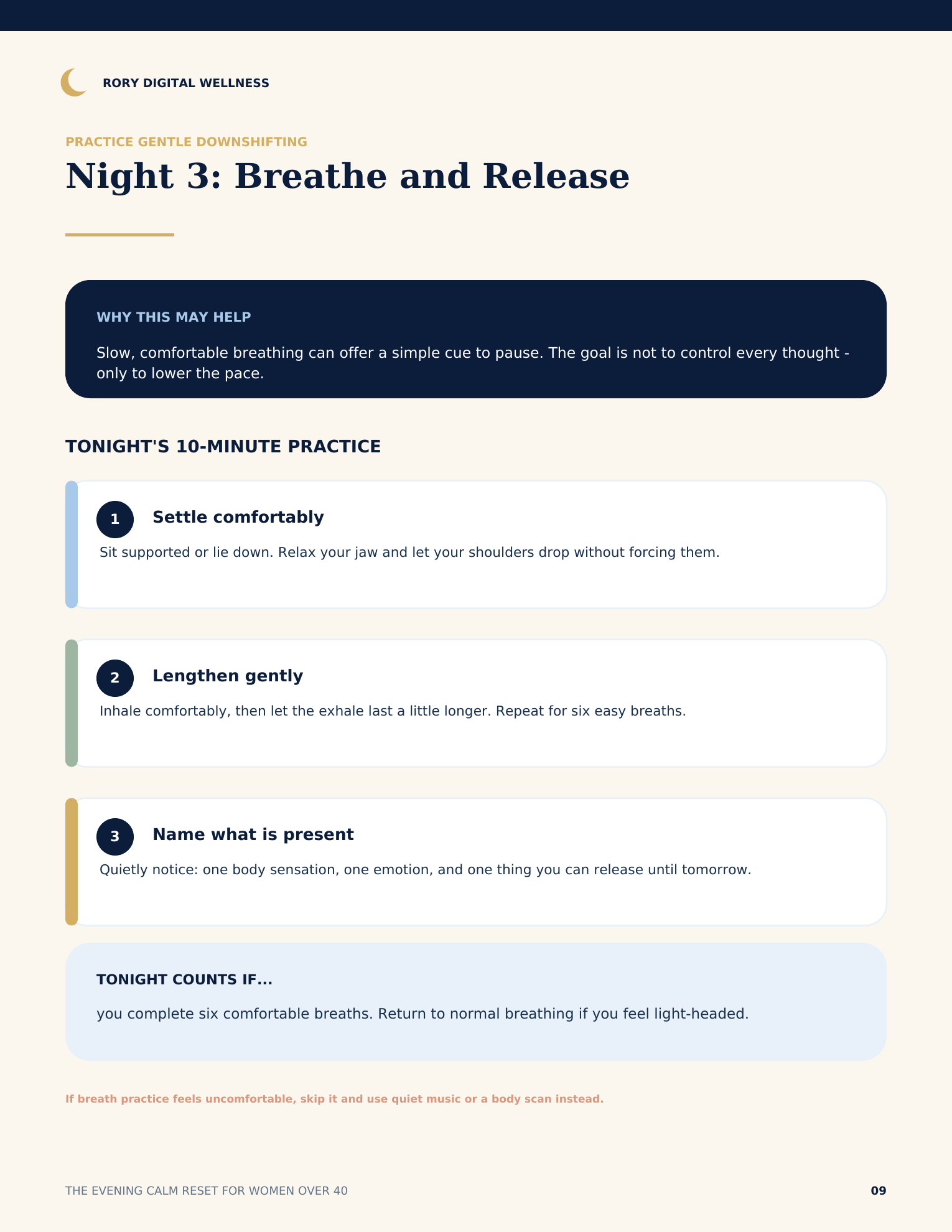 Sample instructional page from the seven-night practice, showing one nightly focus