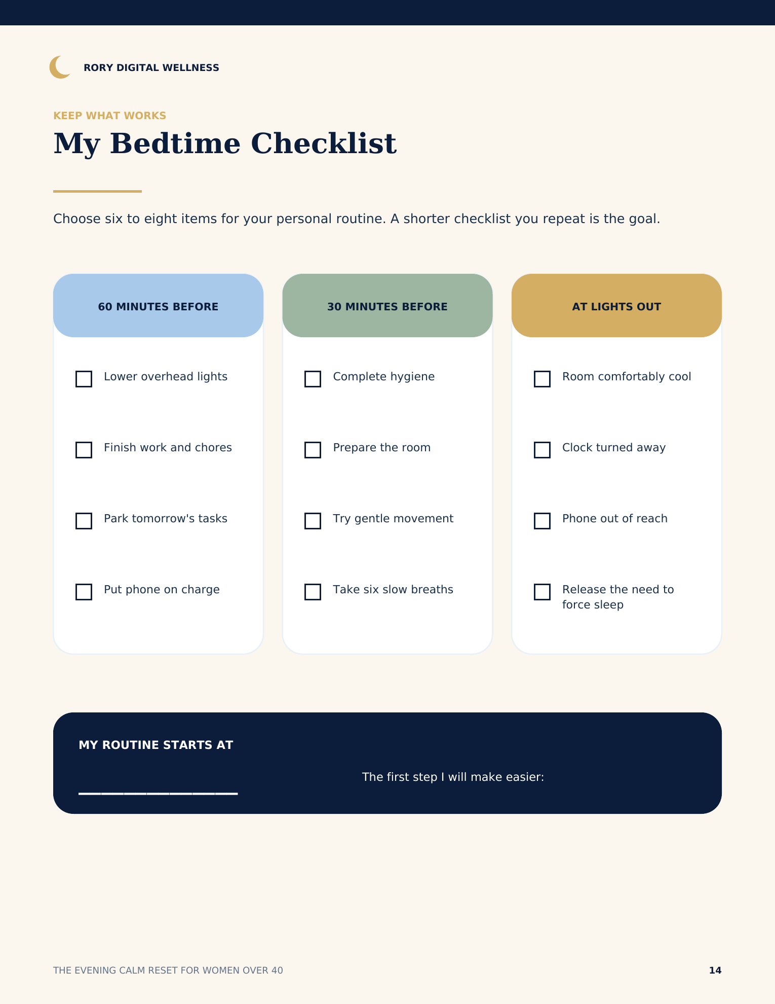 Reusable bedtime checklist page for building a repeatable wind-down routine
