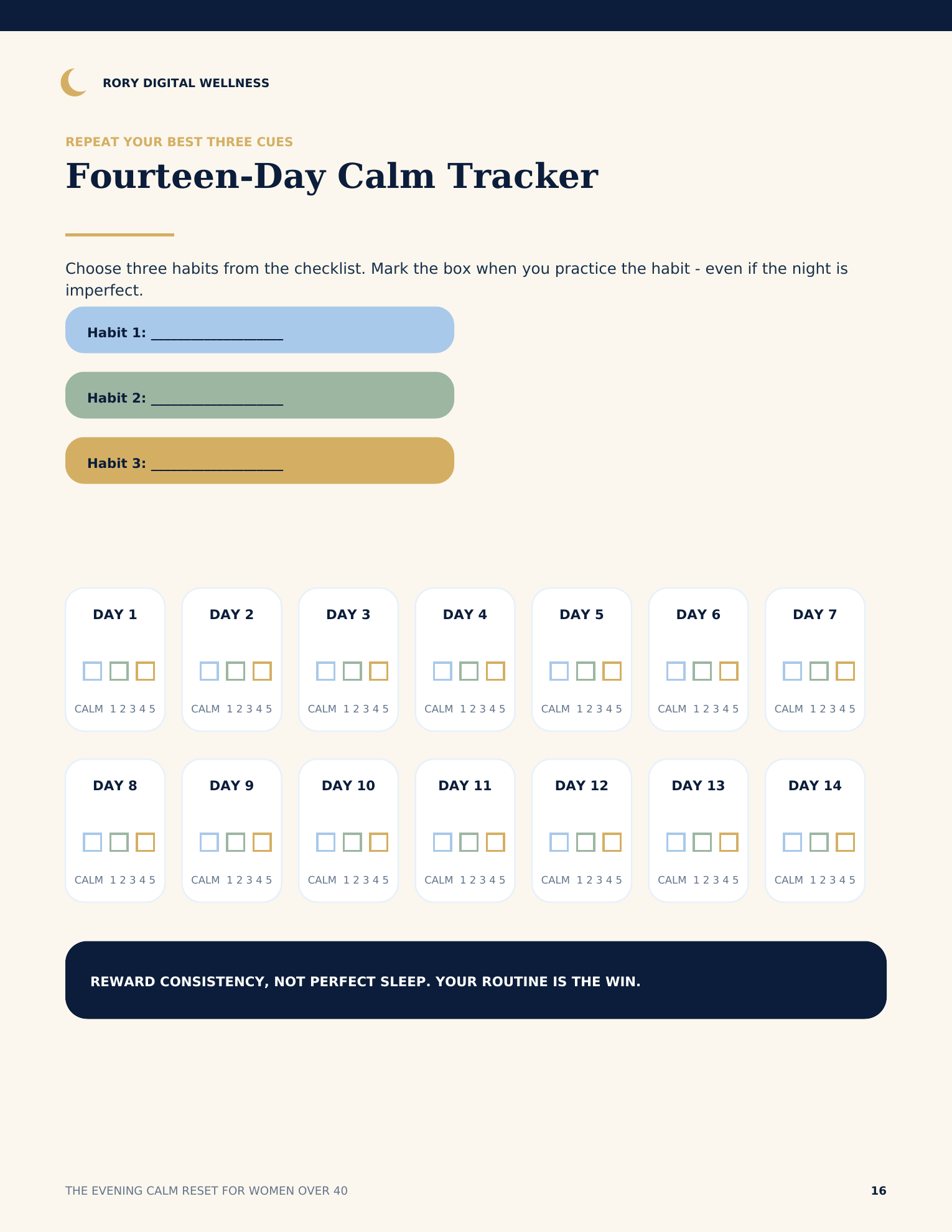 Fourteen-day calm tracker page for reinforcing your chosen evening routine