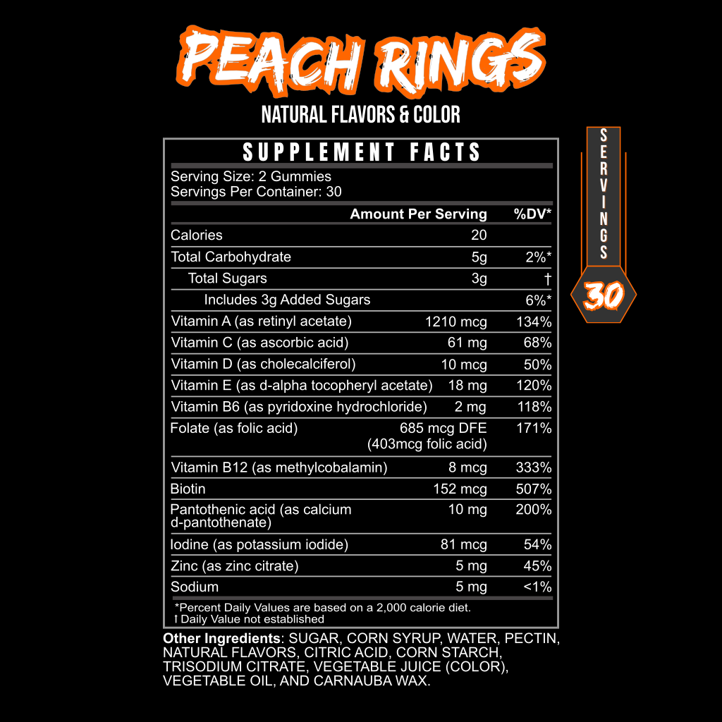 MULTI GUMMY supplement facts panel listing vitamins A, B, C, D, E and zinc