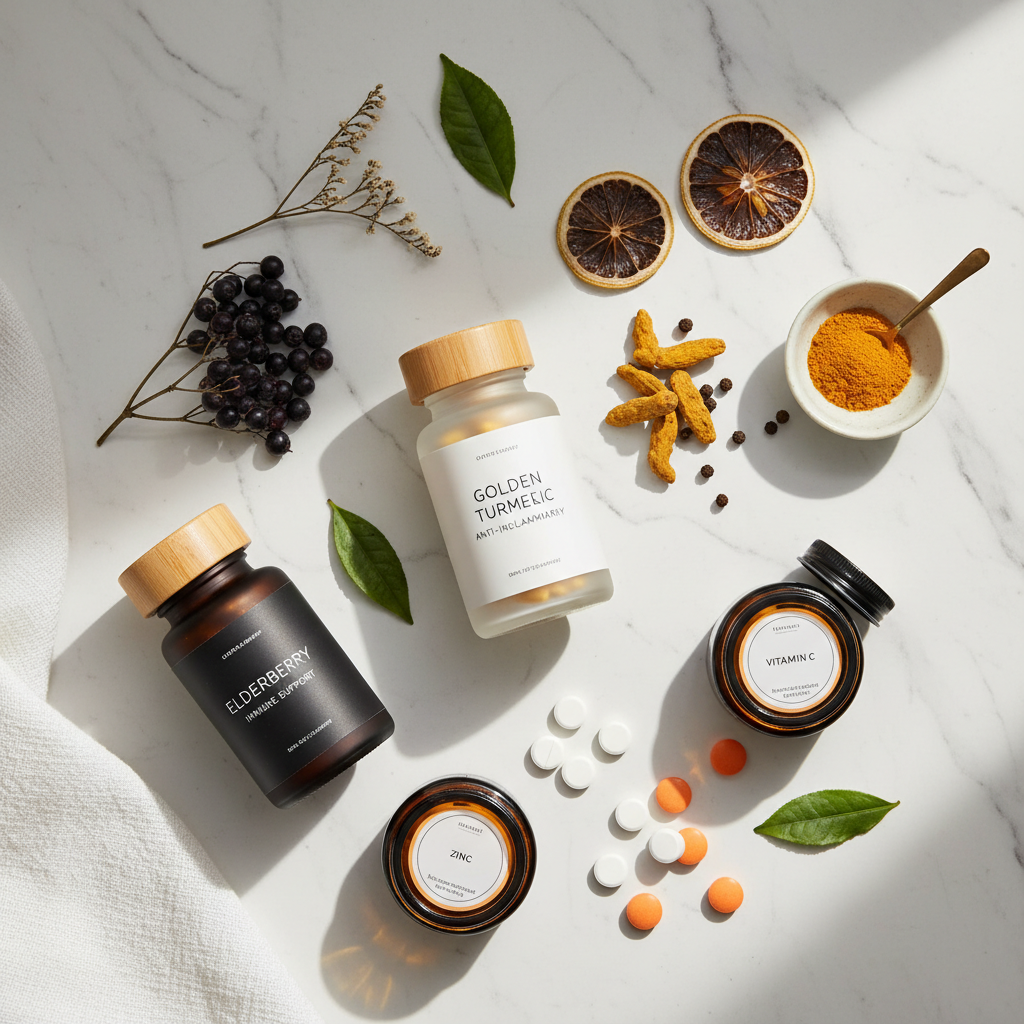 Inflammation and immune support supplement ingredients flat lay